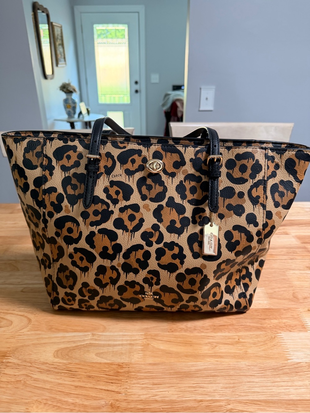 Coach Leopard-Print Tote in Tan and Black - Picture 2 of 4